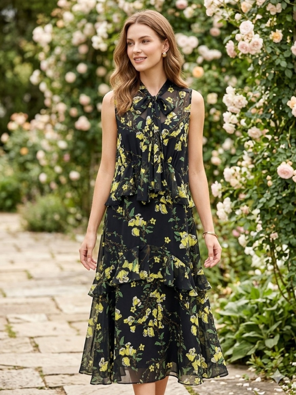 Who What Wear Black Yellow Floral Chiffon Tie-Neck Ruffle Tiers Midi Maxi Dress